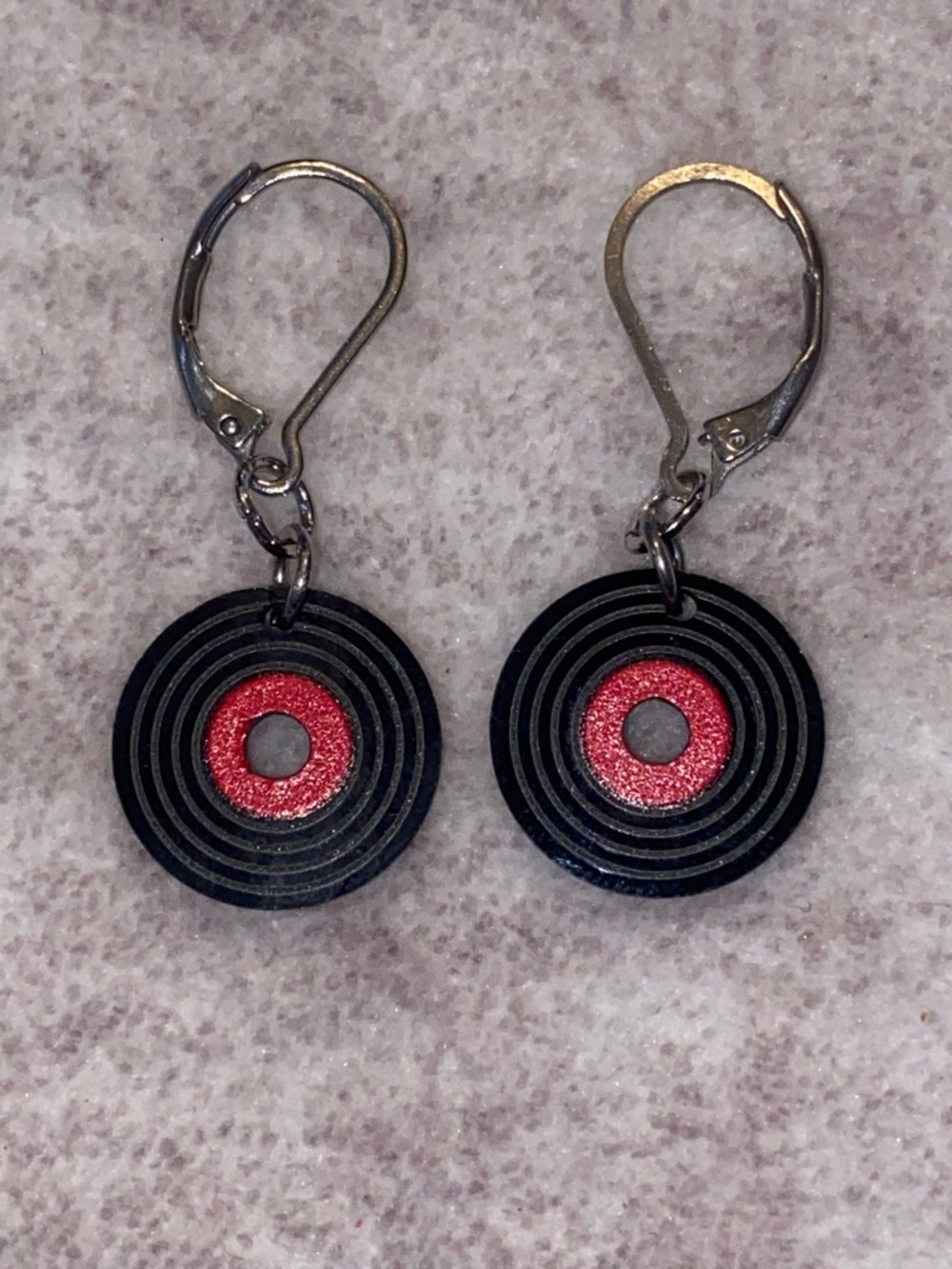 Handmade Black Vinyl Record Dangle Earrings with Red Centers